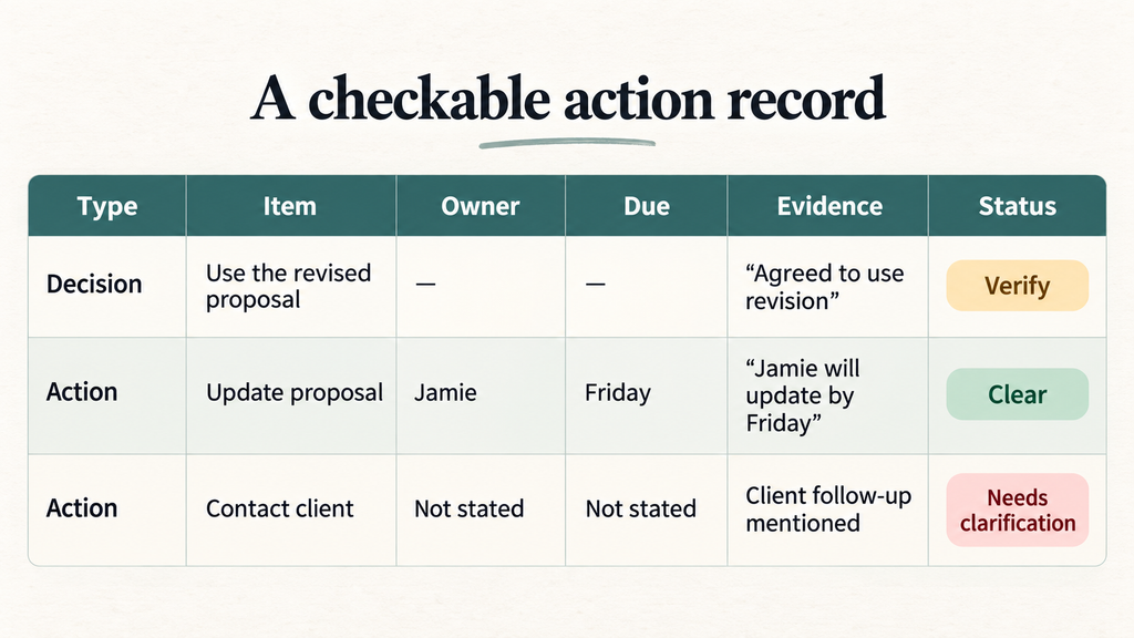 Table showing a checkable AI meeting action record with decisions and action items organized by owner, due date, supporting evidence, and status, including clear, verify, and needs clarification.