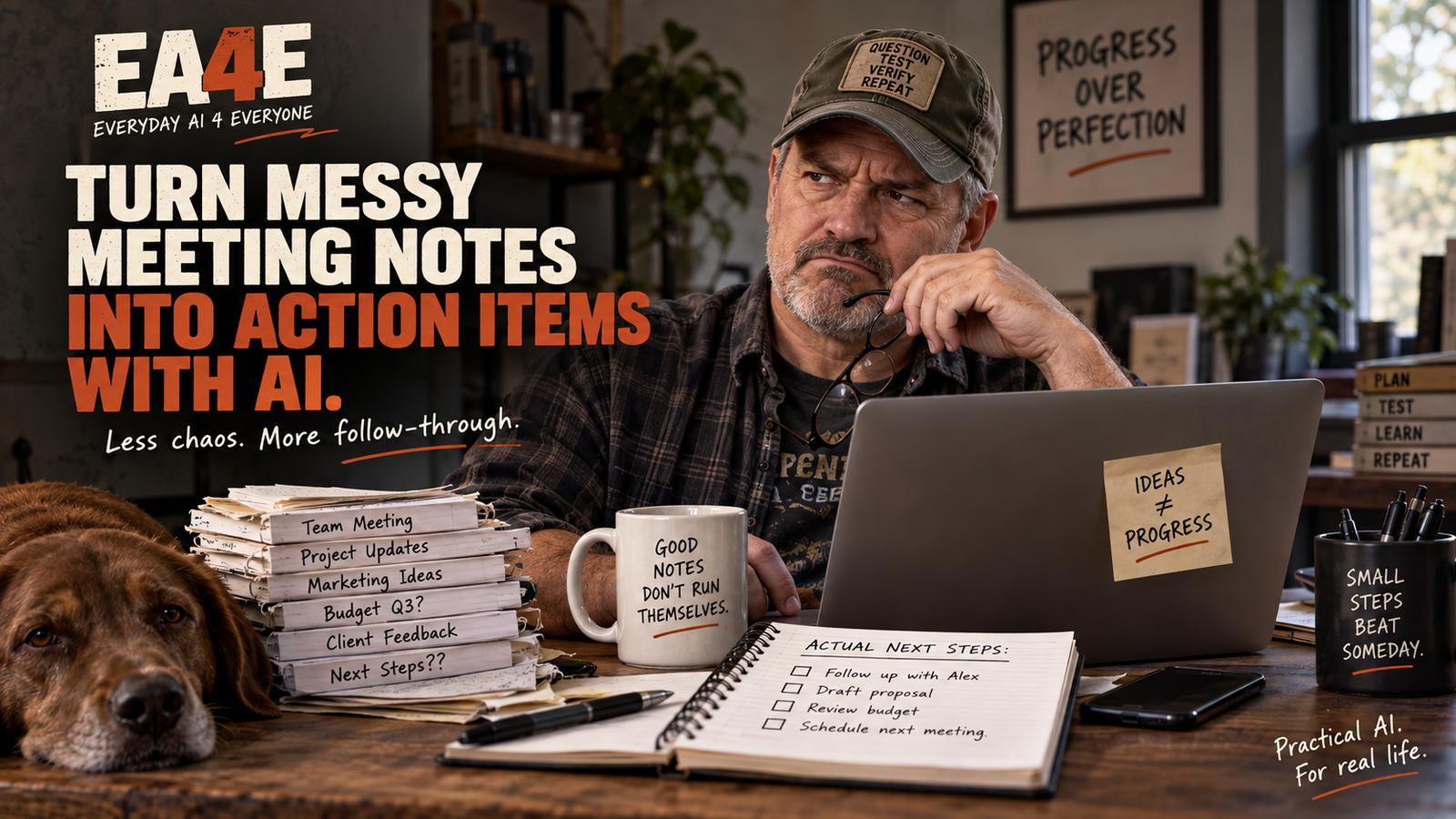 Man reviewing messy AI meeting notes and organizing them into clear action items.