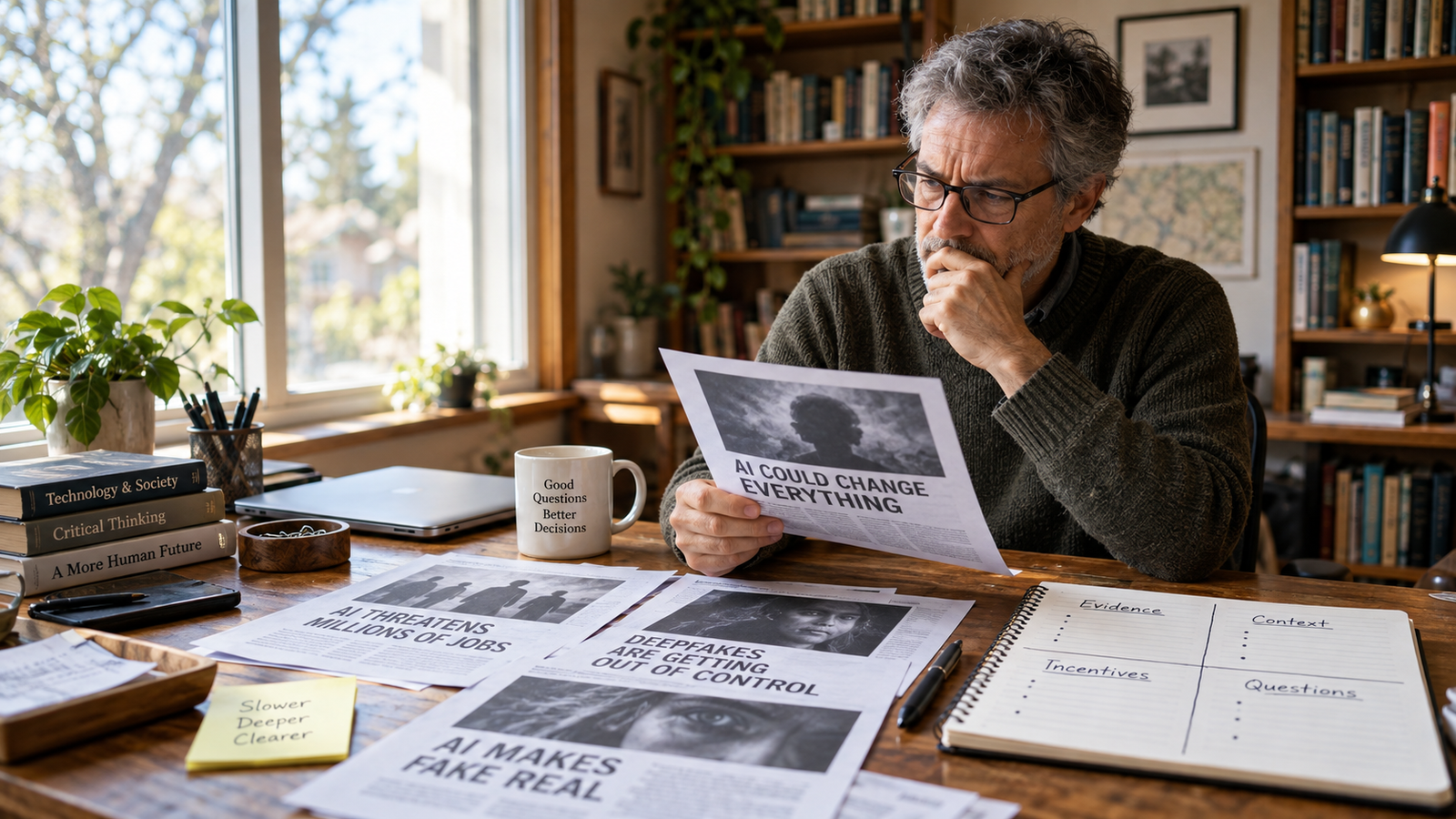 Adult reviews AI-related documents beside a notebook labeled Evidence, Context, Incentives, and Questions.