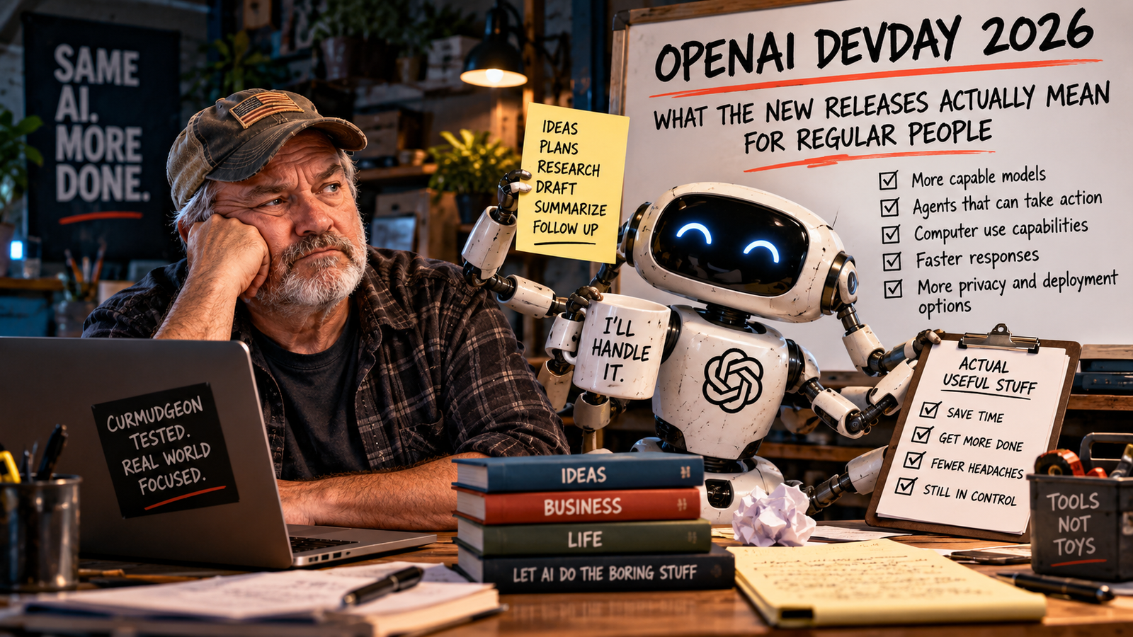Skeptical older man beside a multitasking robot and whiteboard explaining OpenAI DevDay 2026 changes for regular users.
