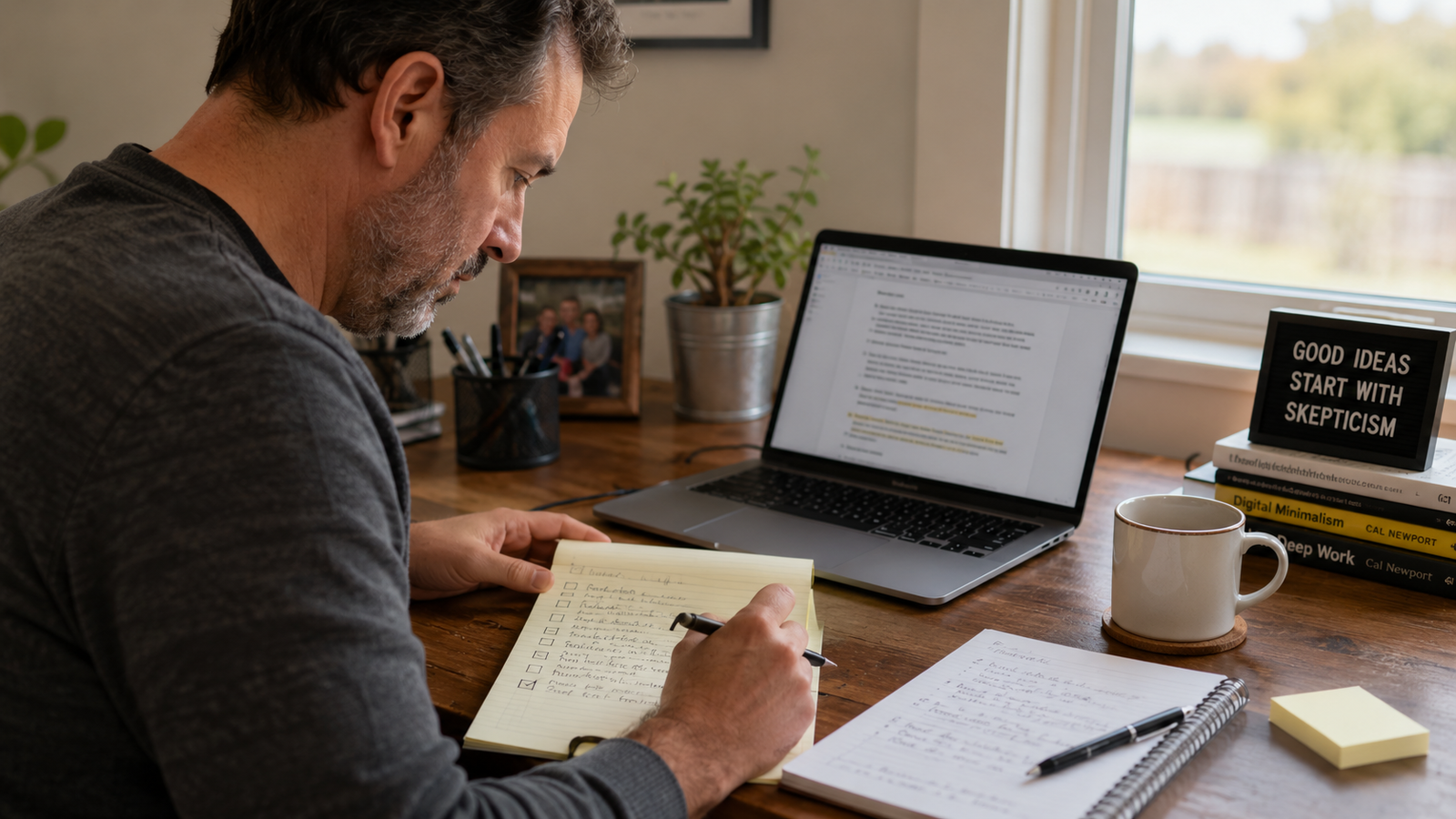 Person reviewing an AI-assisted draft against notes and marking an item to verify.