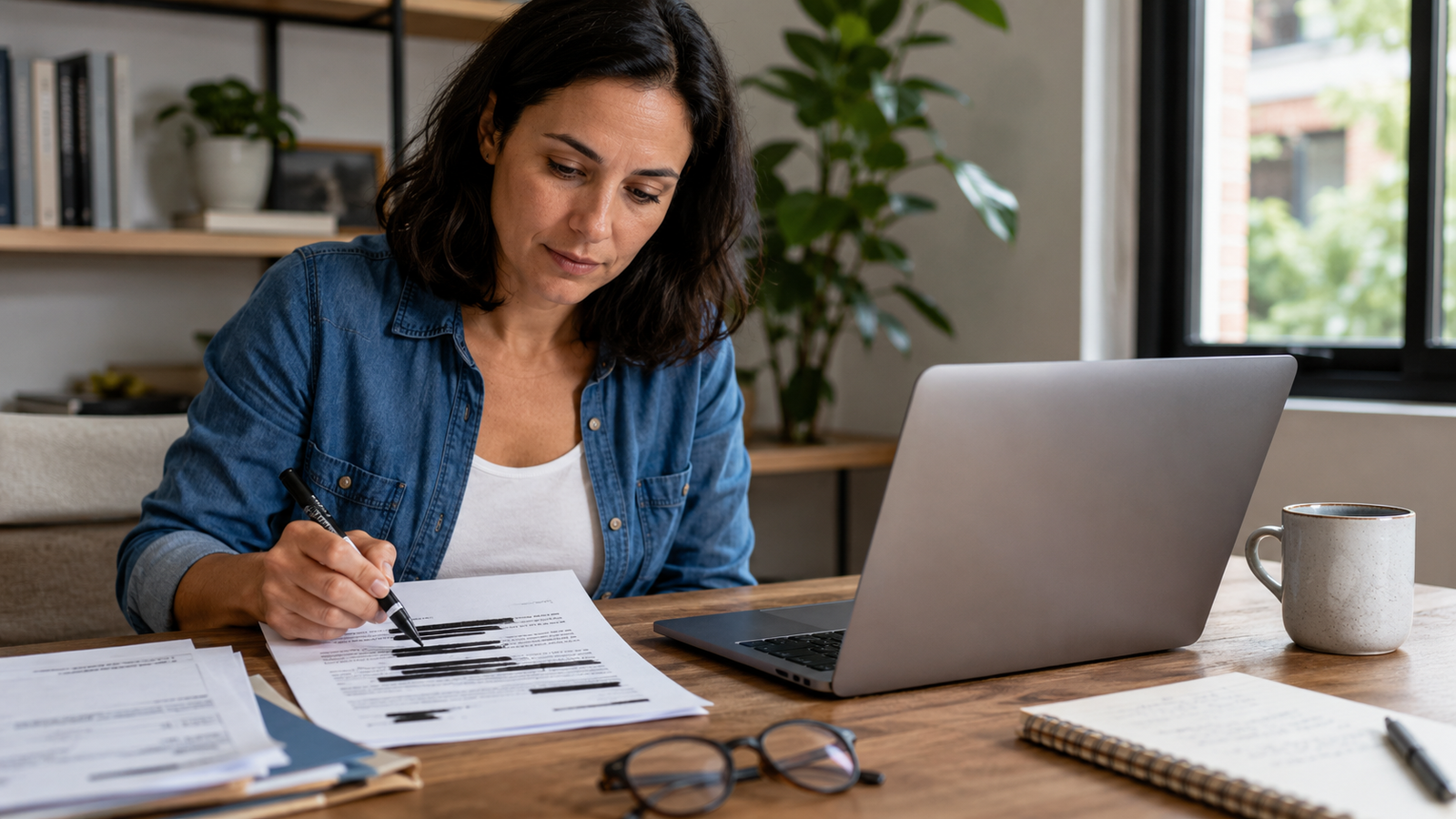 Person reviewing a document and removing sensitive details before using an AI tool