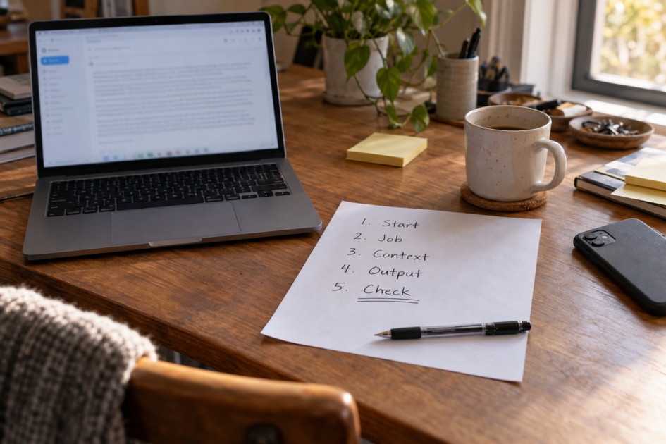 Home office desk with an open laptop showing a blurred email draft beside a handwritten five-step checklist reading Start, Job, Context, Output, and Check, with coffee, sticky notes, and a phone nearby.
