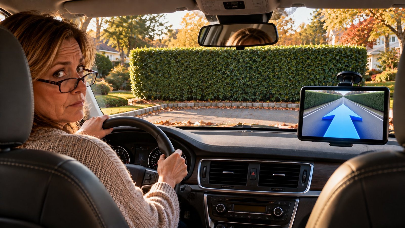 A woman in a parked car looks back while her GPS points straight into a tall hedge blocking the road.