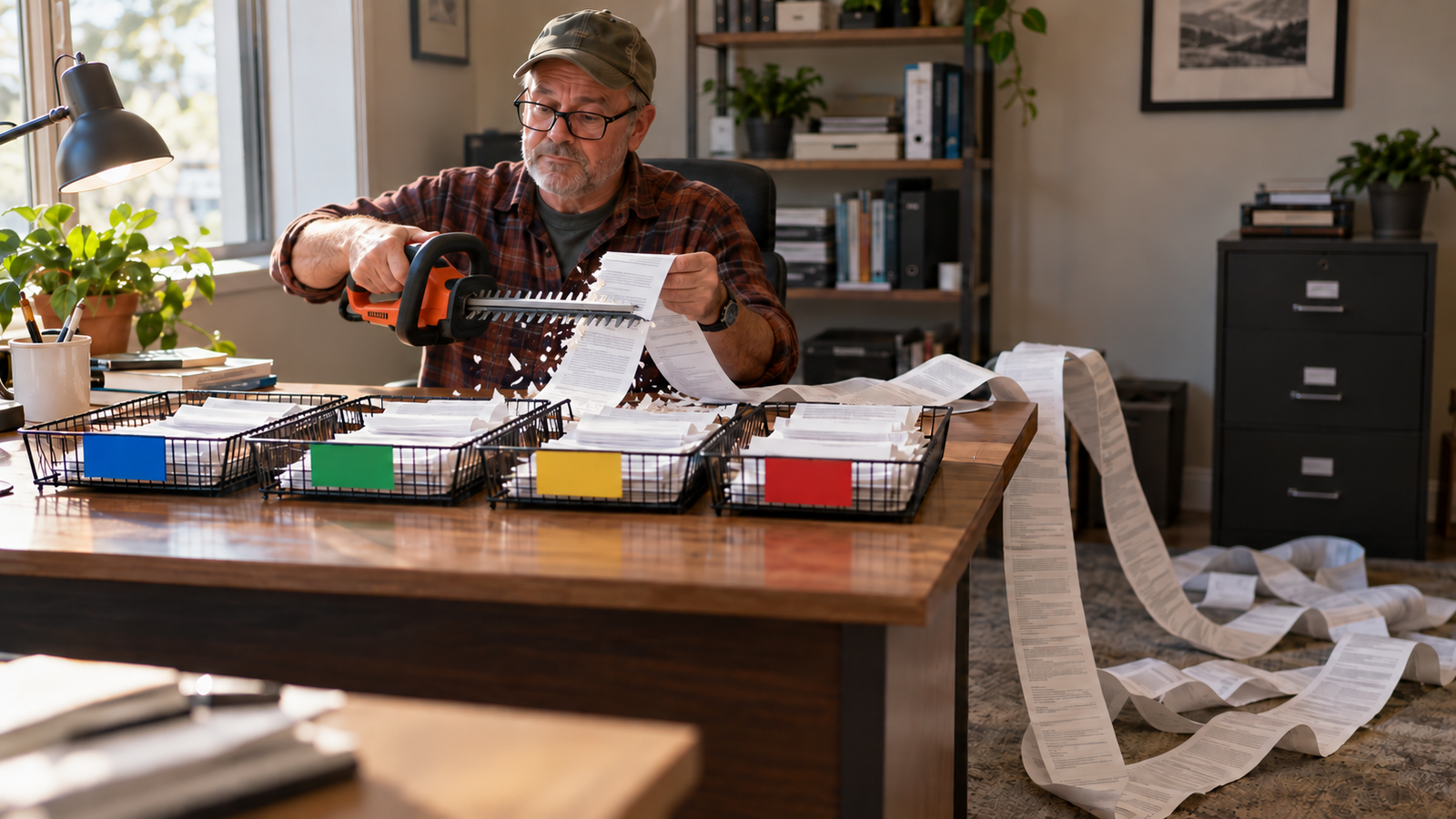 Man in a ball cap trimming a very long printed email thread with a hedge trimmer and sorting the pieces into four color-coded trays.