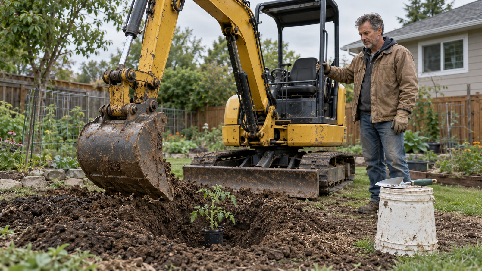 A man in a work jacket stands beside a muddy mini excavator over one tomato seedling while a trowel rests on a bucket.