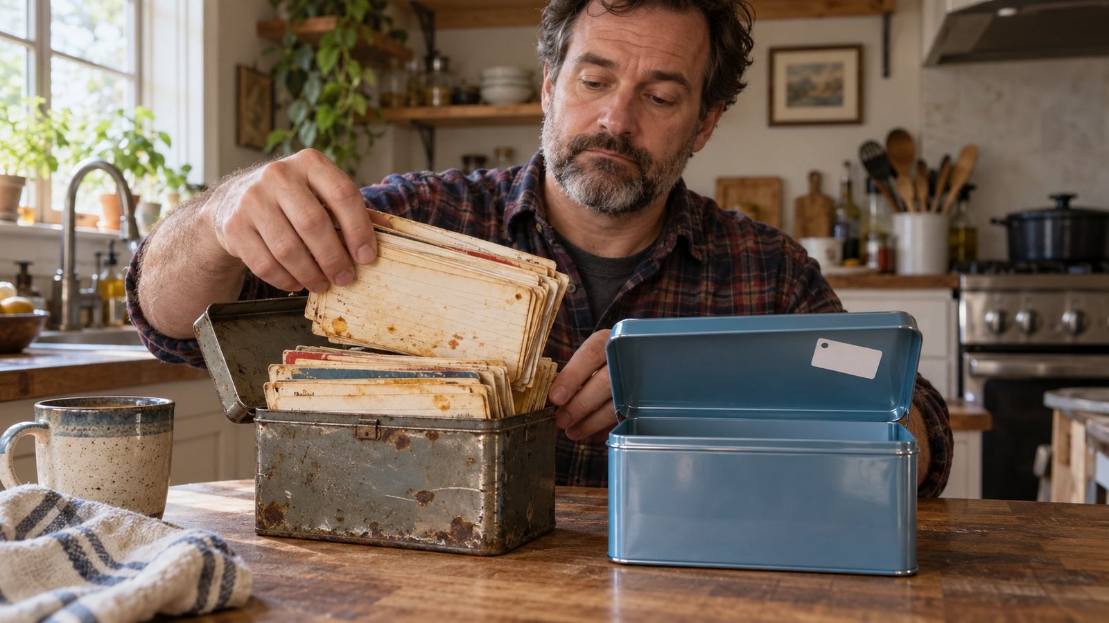 A man moves handwritten recipe cards from a rusty old tin into a nearly identical new blue tin.